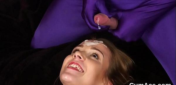  Sexy honey gets jizz shot on her face swallowing all the jism